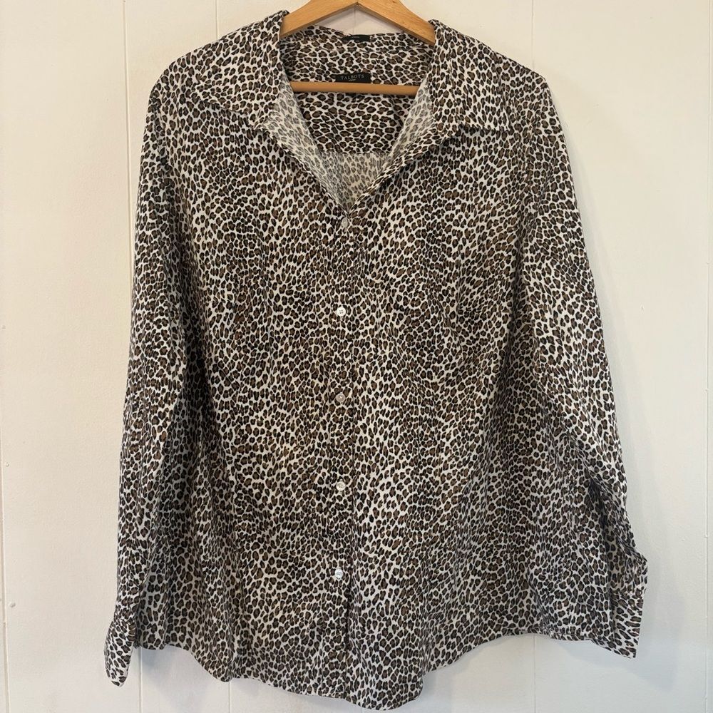 Talbots Leopard Print Long Sleeve Button Down Shirt Cotton Stretch Brown Size 18